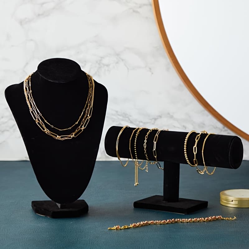 TEMU Black Velvet Jewelry Display Set - And Mannequin Bust, Necklace And Bracelet Display 2pcs Set, Retail Jewelry Storage Box, Desk Stand, Boutique Necklace Stand