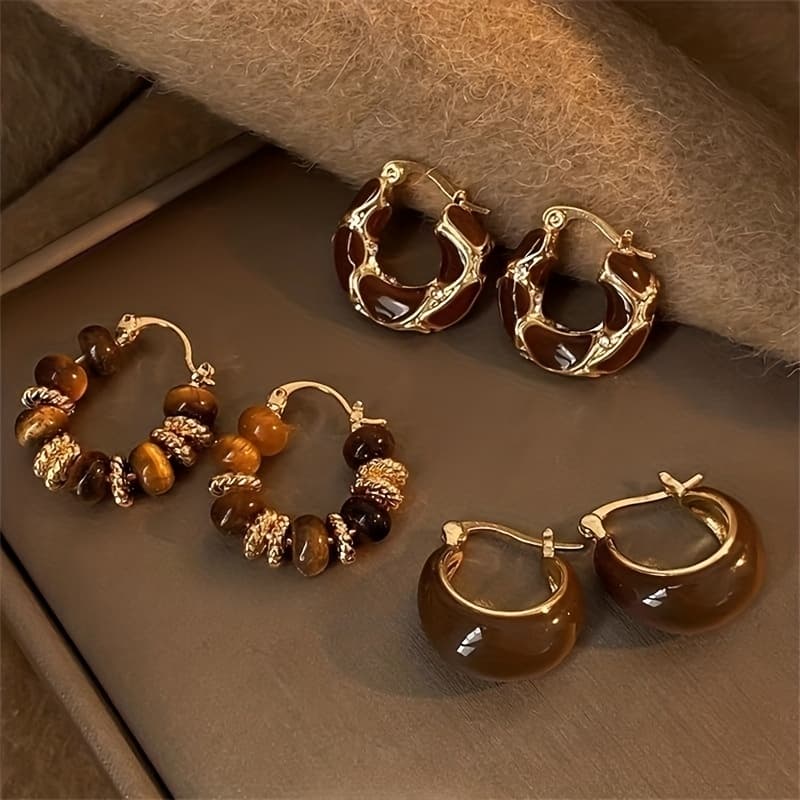 TEMU Fashionable Vintage Melanin Circle Earrings For Women; 3pcs Set Of , High-end, French-inspired, Design, And Elegant Accessories