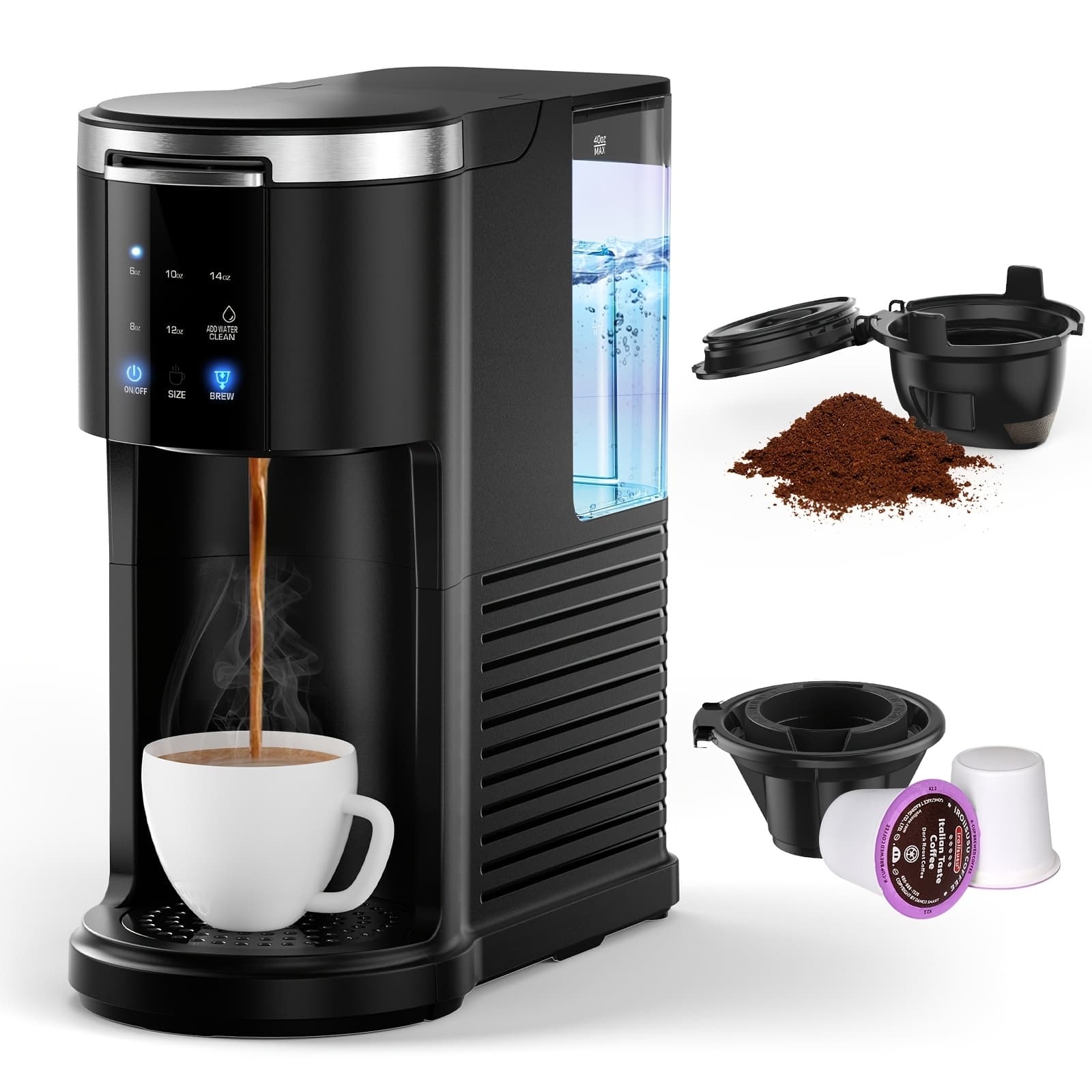 TEMU Kndko Single Serve Coffee Maker Cup Pod Or Ground Coffee, 1200w Coffee Machine With 40oz Water Tank, Self-clean, Quick-heating For Home, Office