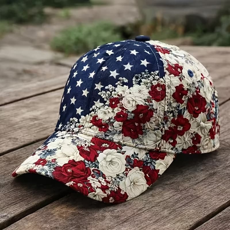 TEMU Stylish 3d Rose Print Patriotic Baseball , Trendy Casual Sun Hat For Everyone, Adjustable Curved Brim Ideal For Everyday Use, Perfect For Day And A Considerate Gift Option