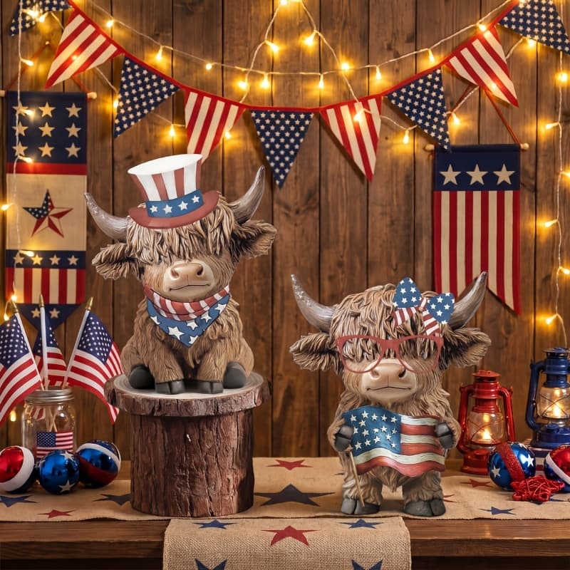 TEMU 2pcs Patriotic Highland Cow Decor American Flag Figurines For Memorial Day, Resin Cow Statues For 250th Anniversary Home Table Garden Decor