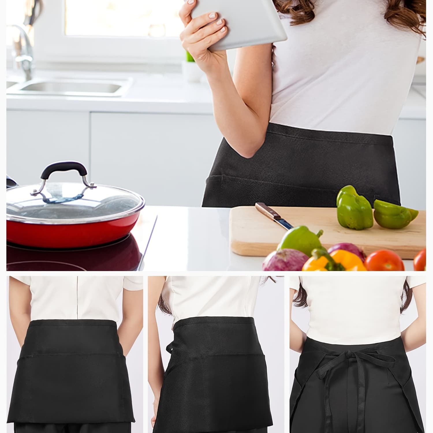 TEMU 1pc Server Apron With 3 Pockets, Waitress Waist Apron, 11.5 Inch (. 29.2 Cm) Black
