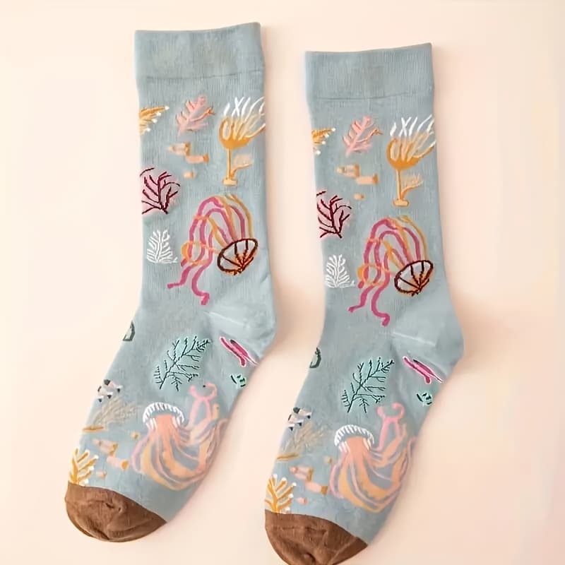 TEMU Pair Of Men's Colorful Water Grass Mid-calf Socks - Breathable Polyester, Fashionable Animal Pattern