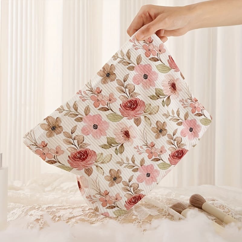 TEMU Chic Rose Pattern Corduroy Makeup Bag - Lightweight, Zippered Cosmetic Pouch With Lining For Toiletries & Accessories