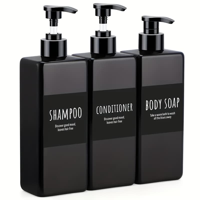 TEMU 3-pack 16.9oz (500ml) Reusable Plastic Pump Dispenser Bottles With Labels - Leak-proof Square Travel- For Shampoo, Conditioner, Body Wash - Refillable Containers For Bathroom, Kitchen, Hotel Use