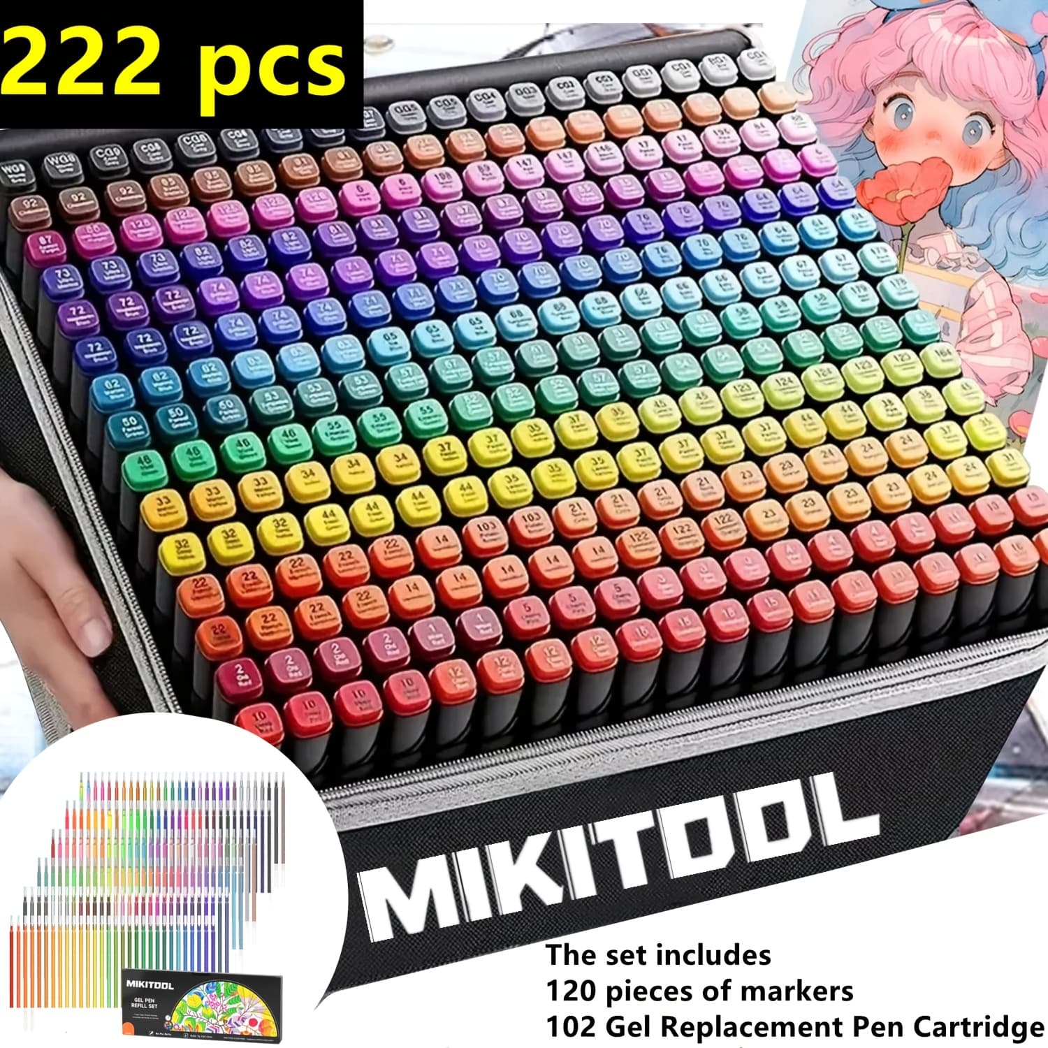 TEMU 222pcs Colors Double Tip Permanent Art Marker Pens For Drawing Painting Sketching Comics Design School Supplies (the Set Includes 120pcs Of Markers, 102 Gel Replacement Pen Cartridge)