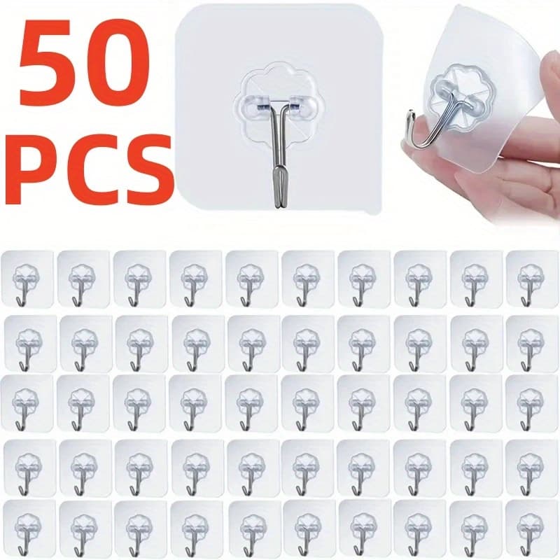 TEMU [50pcs Strong Adhesive Hooks] No-drill Wall Hooks For Hanging Keys Cups Hats Coats, Transparent Waterproof Adhesive Hooks For Kitchen Bathroom Toilet Shower Door Hangers, Utility Hooks