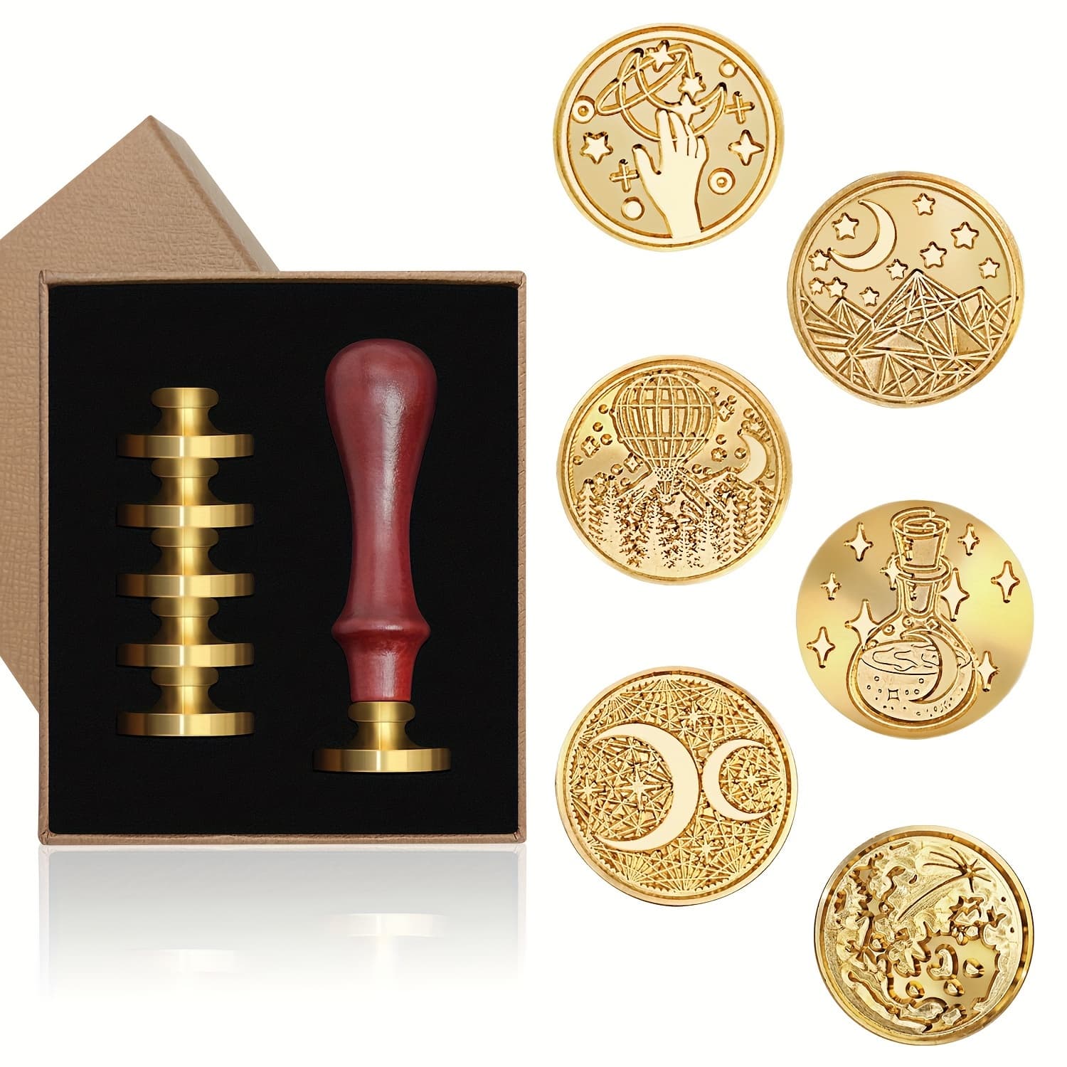TEMU Set Of 6 Wax Sealing Stamps, Including A Wax Seal Stamp Kit With A And A Wooden Handle, Perfect For Wedding Invitations, Envelopes, Journals, And Gift Wrapping (moon & )