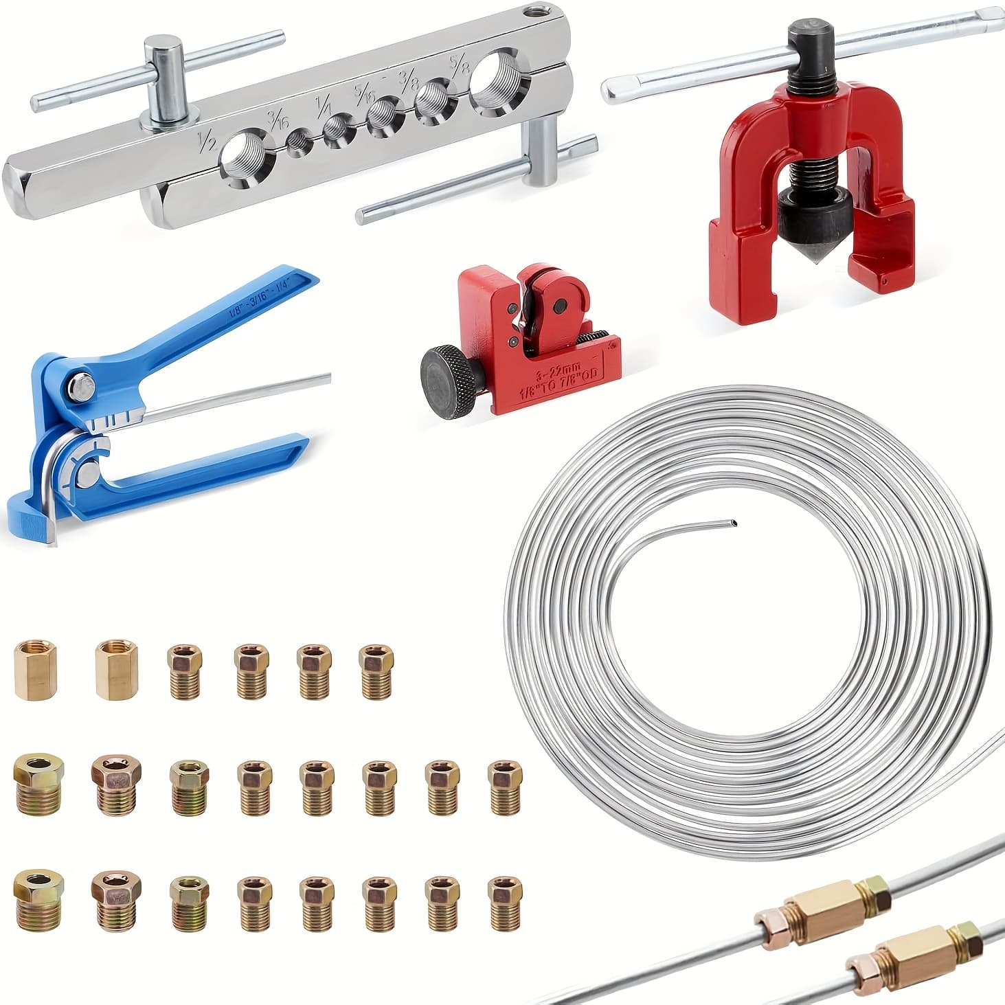 TEMU 44pcs/set 25ft 3/16" & 1/4" -coated Brake Line Kit ( 30 Fittings, 4 And 8 Nuts) + Tool + Brake Line Bender + Tube Cutter