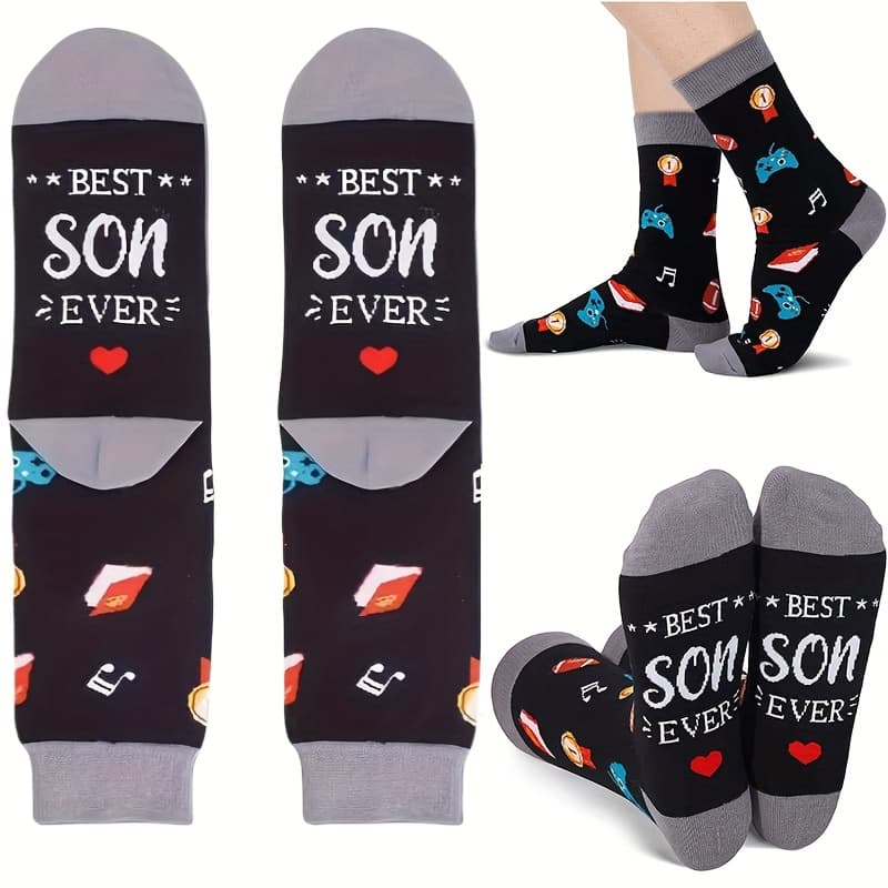 TEMU 1 Pair Best Son Mid-calf Socks | Bamboo Fiber, Viscose, Nylon, Elastane, Knit Fabric, Alphabet Pattern, Hand Wash Only, Suitable For Male Teenagers