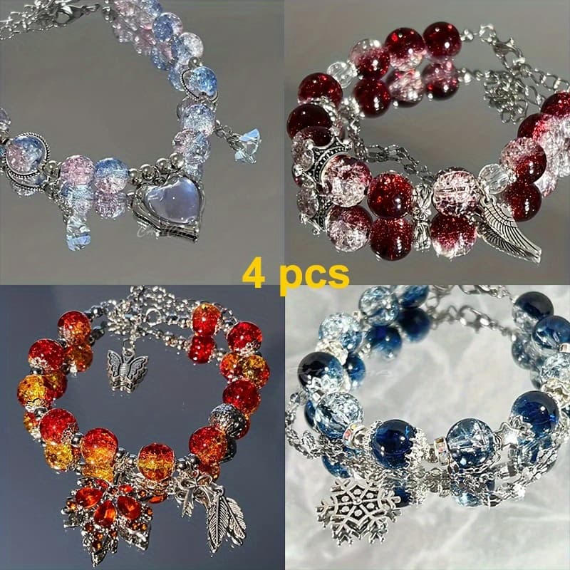 TEMU 4pcs Handmade Leaf Pendant Bead Bracelet In Different Styles, Retro And With Beads And Feather Pendant Jewelry, Adjustable Chain Accessories, Perfect Gift For Girls