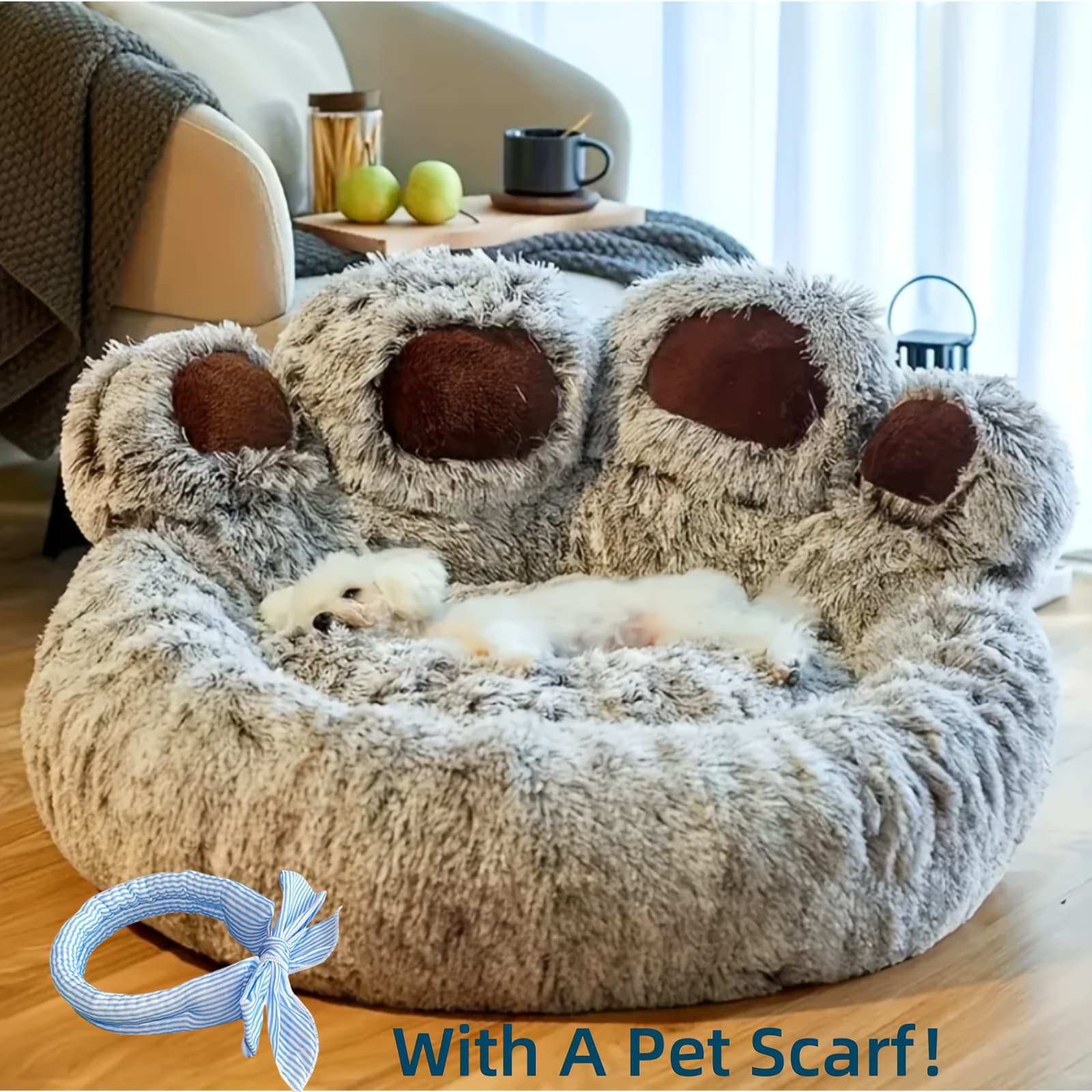 TEMU Double Gray Cute Shaped Pet Mattress, Warm And Comfortable Soft Dog Round Mattress, Calm Donut Pet Mattress, Plush Mattress, With A Pet Scarf