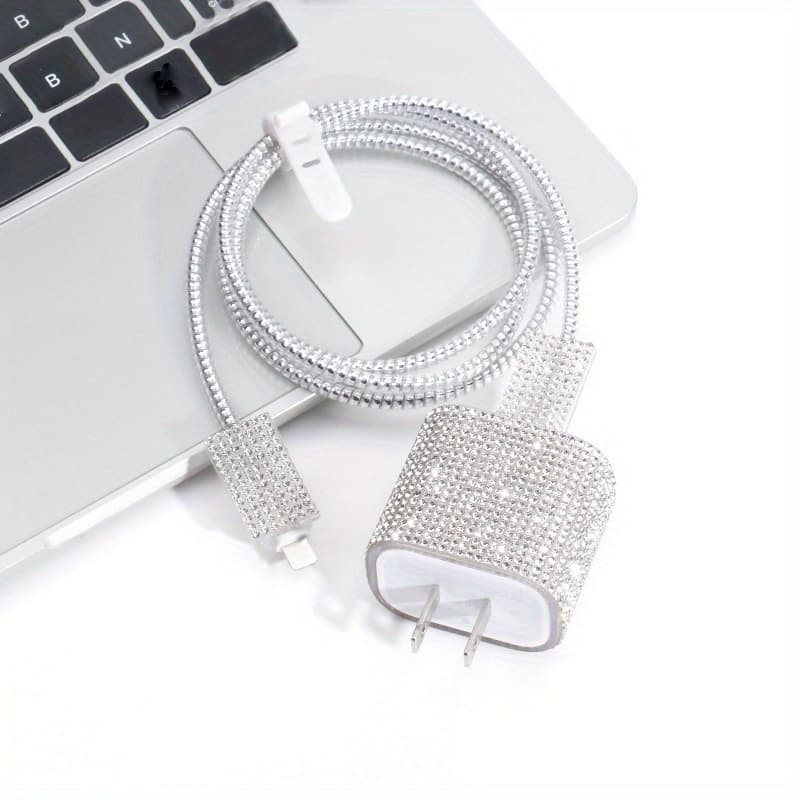 TEMU Luxury Sticker With Rhinestones For Iphone 20w Fast Charging Data Cable Protection, Prevents Data Cable Cracking, Prevents Data Cable Breaking, Charging Head Protective Case