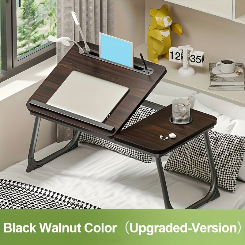 TEMU Foldable Laptop Desk For Bed Or Couch | Lap Desk With Cup Holder, Drawer & Phone Stand - Home Office, Breakfast Tray, Watching Movies In Bed, Computer Stand