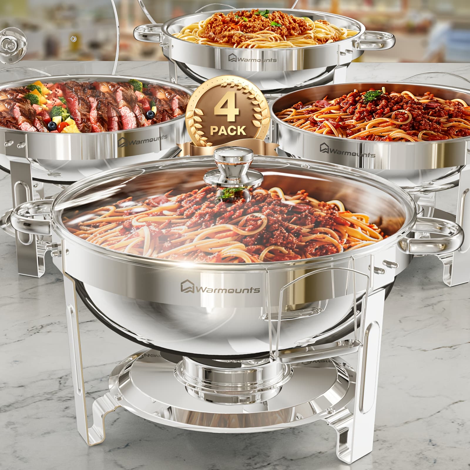 TEMU Warmounts 5qt Chafing Dish Buffet Set With Glass Lid, 2/4 Pack Round Stainless Steel Chafing Dishes For Buffet With Lid Rack, Food Warmers For Party, Wedding, Camping, Banquet, Cooking