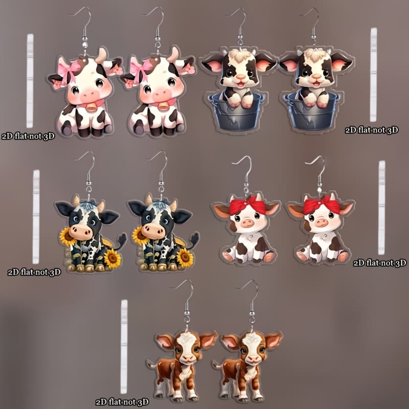TEMU 2d Flat 5 Pairs Of Cute Calves Dangle Earrings, 2d Acrylic Earrings, Animal Enthusiasts Earrings Set, Jewelry For Daily Wear, Gift