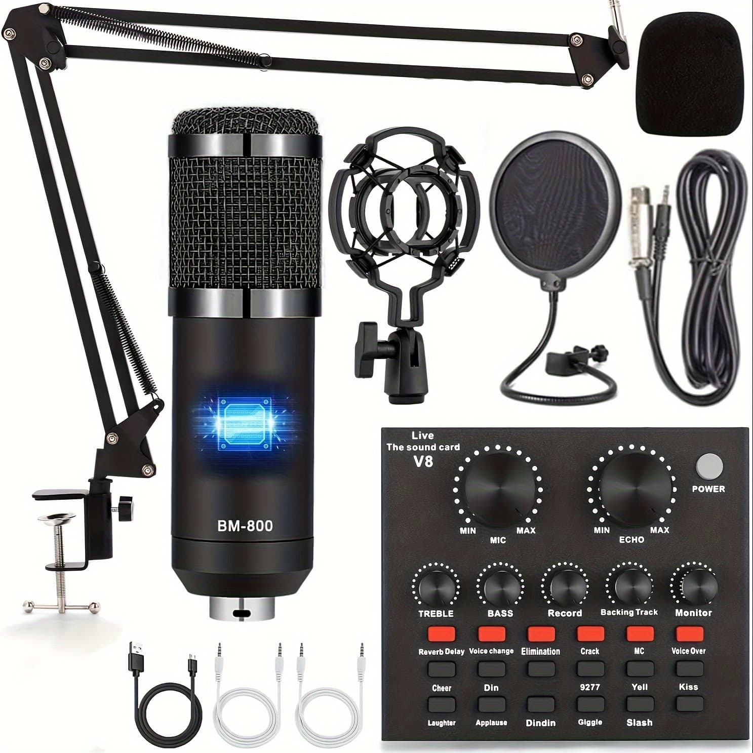 TEMU Podcast Equipment Set, Wired Microphone, Podcast And V8 Sound Card, Voice Changer-audio Interface - Suitable For Recording, Singing, And Games.