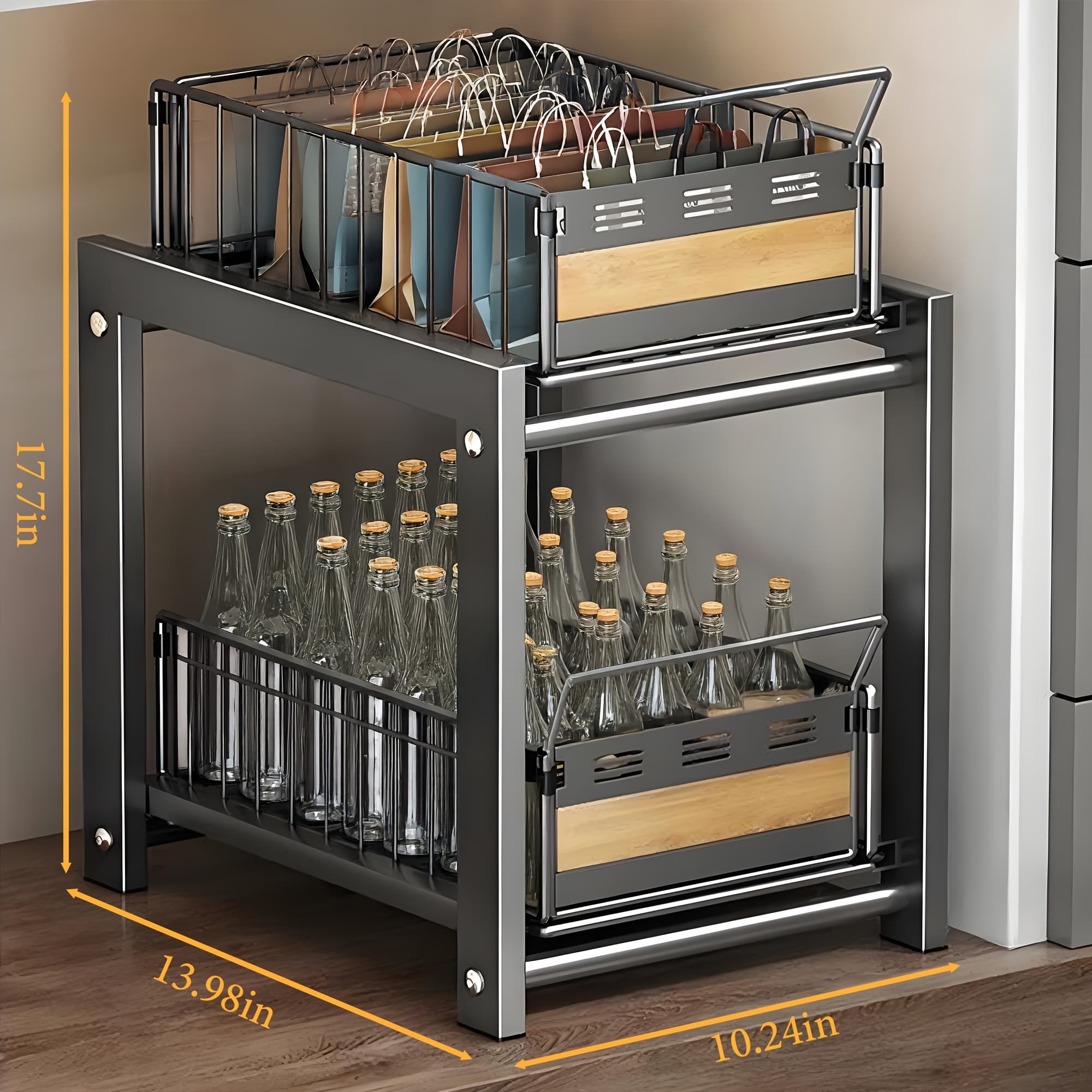 TEMU 1pc Pull Out Drawer For Kitchen Cabinet, 2-tier No Drill Roll Out Organizer, Space Saving Cabinet Organizer For Home Kitchen Use, Slide Out Shelves For Pantry Storage