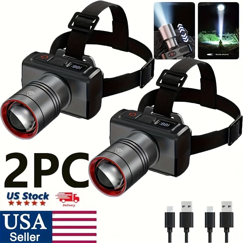 TEMU 2pcs Led Head Lamp, Usb Rechargeable, 3 Adjustable, Dimmable, Push Button Type, Portable, , , Polished Abs Material, For Indoor, Camping, Fishing, Travel, Reading, Work, Home, Running