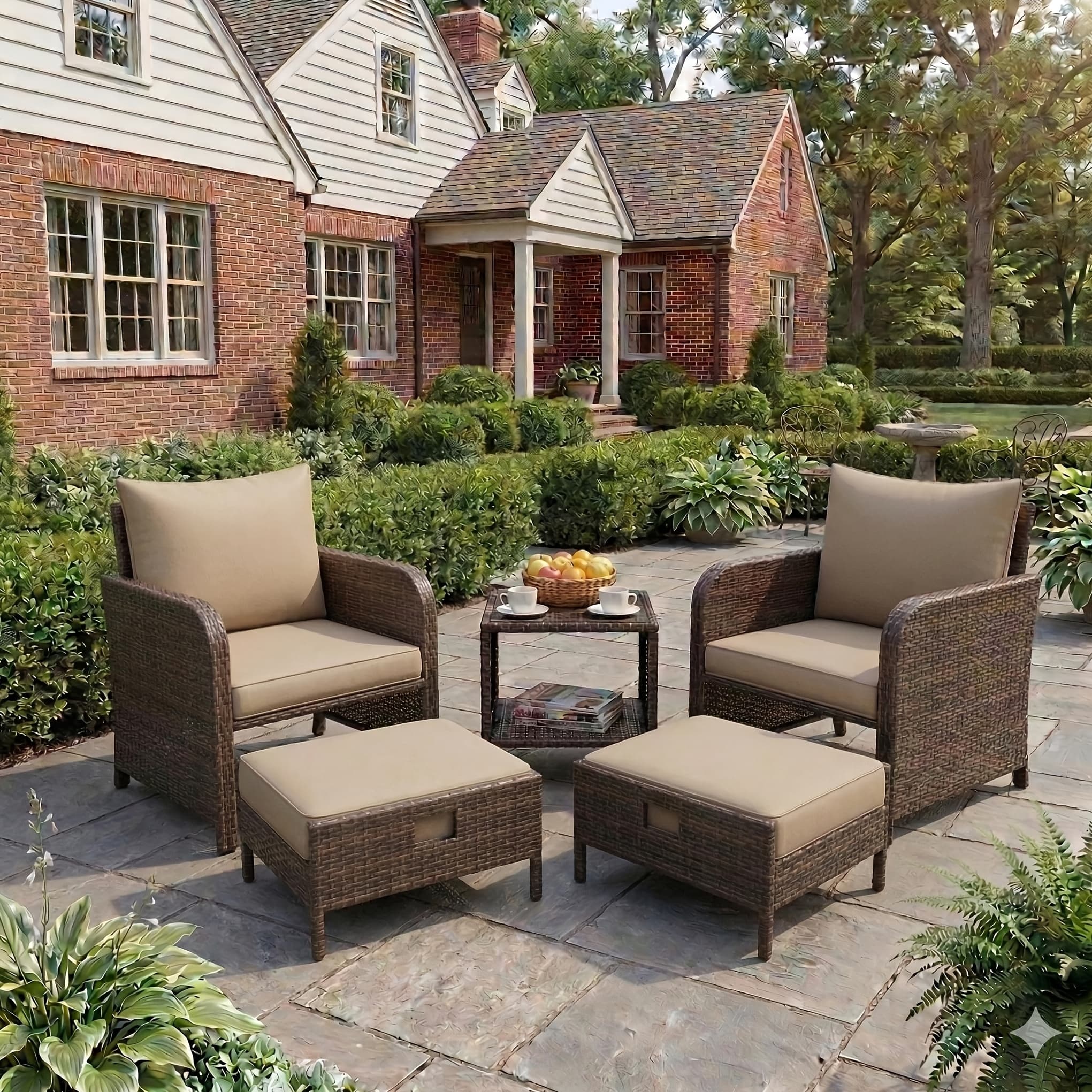 TEMU 5pcs Patio Conversation Set, Pe Rattan Wicker Outdoor Furniture With 2 Lounge Chairs, 2 Ottomans & Tempered Glass Side Table For Balcony Porch Lawn, Brown Wicker