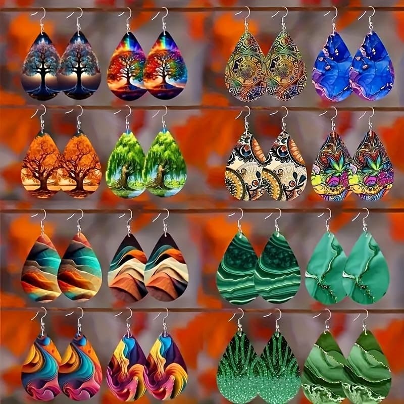 TEMU 16 Pairs/set Of Bohemian Style Colorful Landscape Pattern Pu Leather Pendant Earrings, Elegant Women's Jewelry, Suitable For Wearing On Any Occasion Or As A Gift