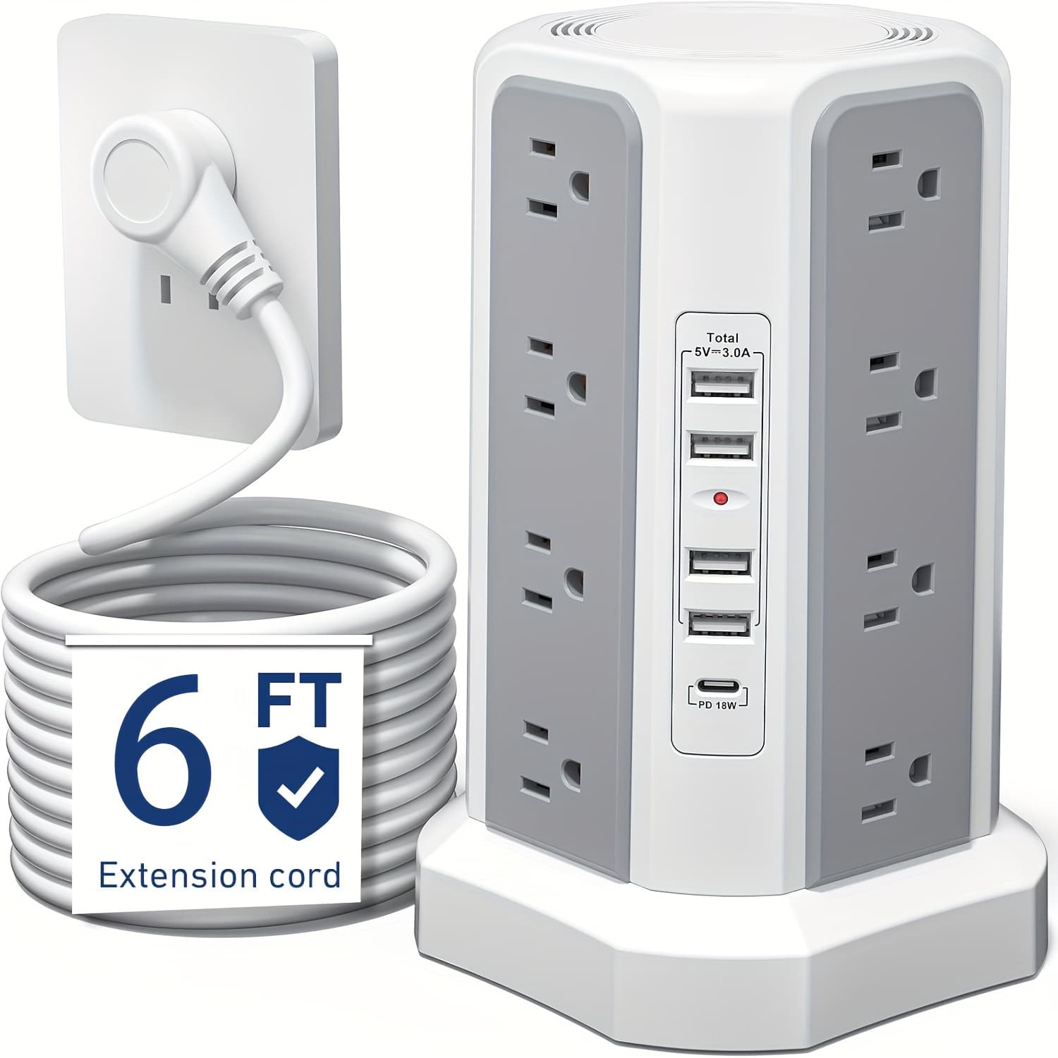 TEMU Angled Flat Plug 16 Ac Outlets Power Strip Tower With Usb C Port (pd18w), Protector With 5 Usb Charging Ports, 6ft Extension Cord Desktop Power Strip - White