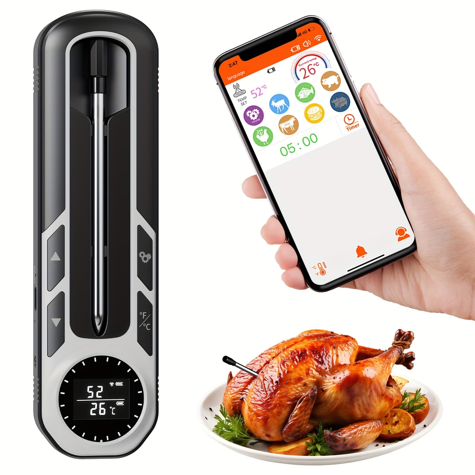 TEMU 500ft Smart Meat Thermometer For Bbq, Meat Thermometer For Gift, Kitchen, , Grilling, Oven, Rotisserie