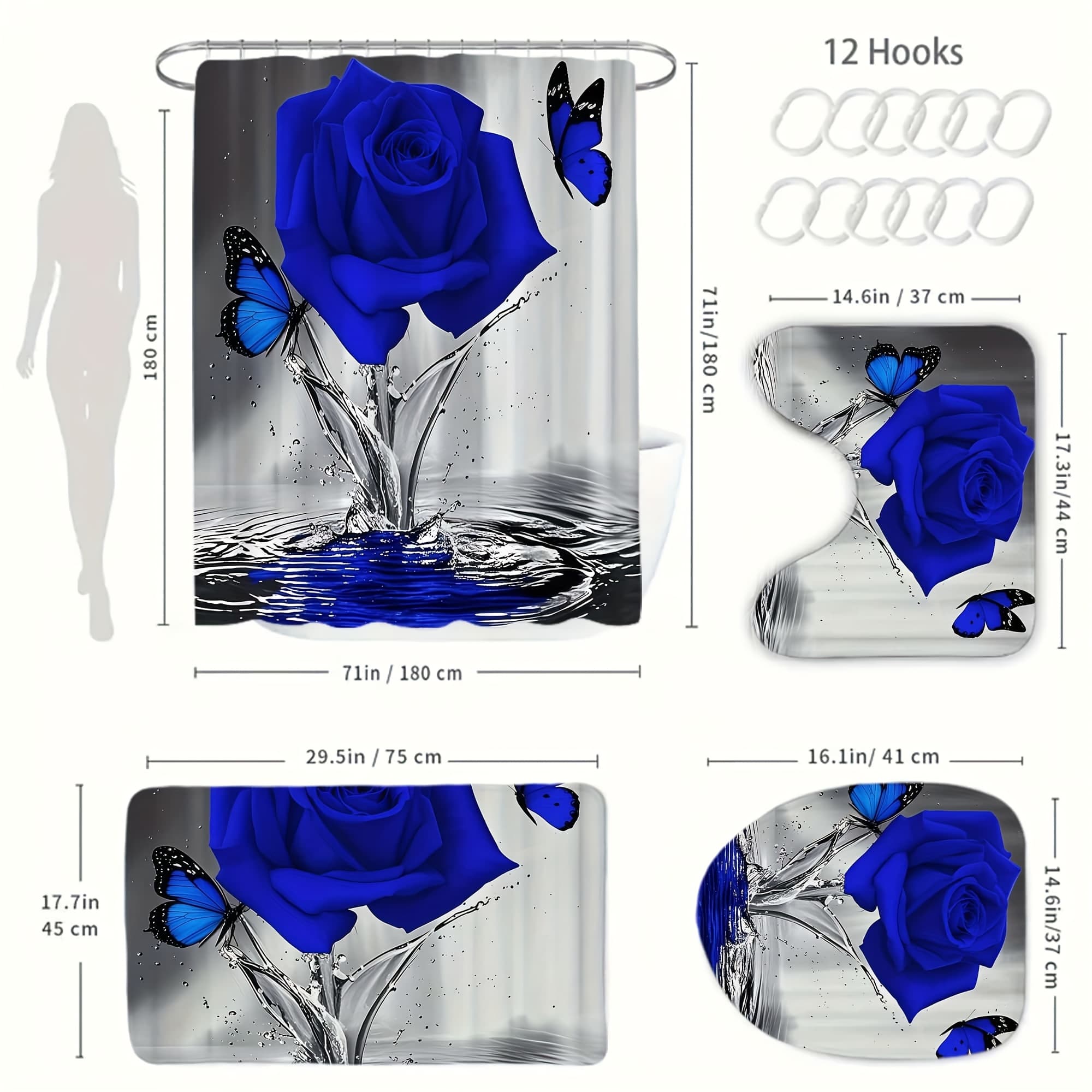 TEMU 4pcs Elegant Shower Curtain Set With 12 Hooks, Non-slip Bath Rug, U-shaped Toilet Mat & Toilet Lid Cover, Floral Bathroom Decor Set, Bathtub Partition Curtain, Perfect Housewarming Gift
