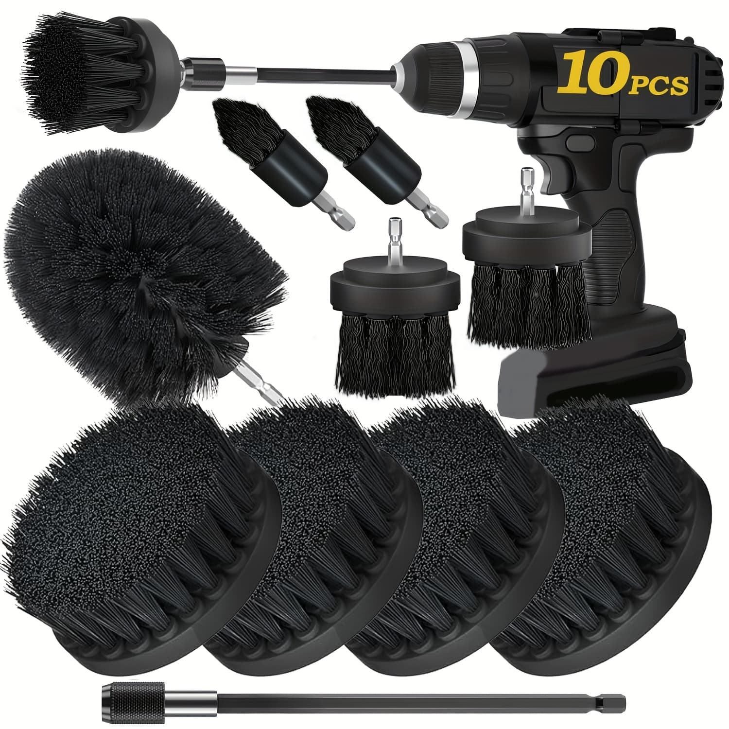 TEMU 3/4/5/6/10/13pcs Black Cleaning Brush Set With Extensions, Electric -suitable For Cars, Boats, Furniture, Kitchens, Bathrooms And More Household Cleaning Sets (excluding Electric Drills).