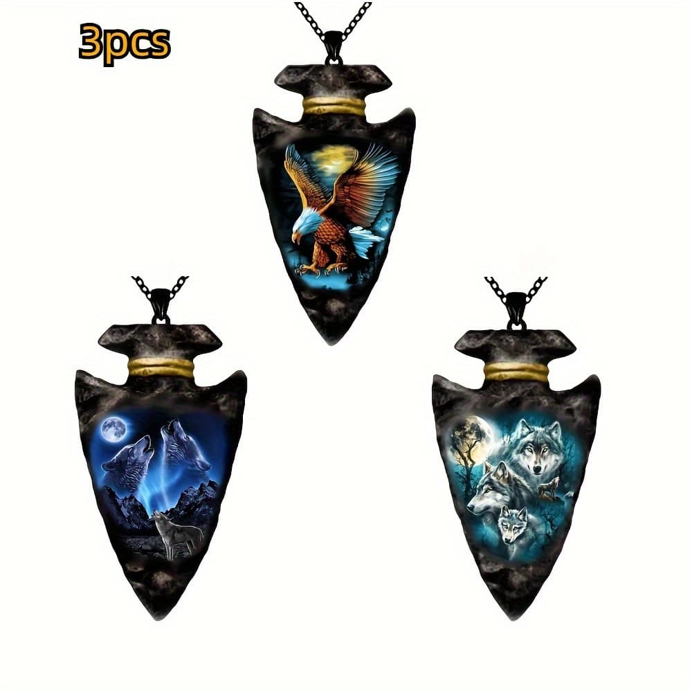 TEMU 3pcs Animal Wolf Head Wolf Totem Crow Skull Pendant Men's Necklace, Halloween Gift, Men's Accessories