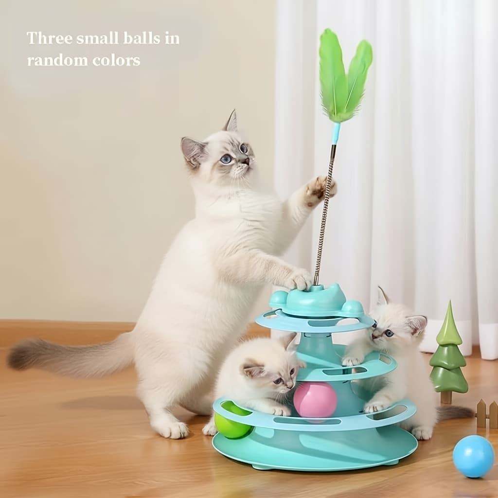 TEMU 1 Set Cat Turntable Toy Self-entertainment Boredom Relief Cat Stick Turntable Ball Cat Toy Feather Small Puzzle Tool, Cat Interactive Rotating Toy, Ball Color Random, Without Battery