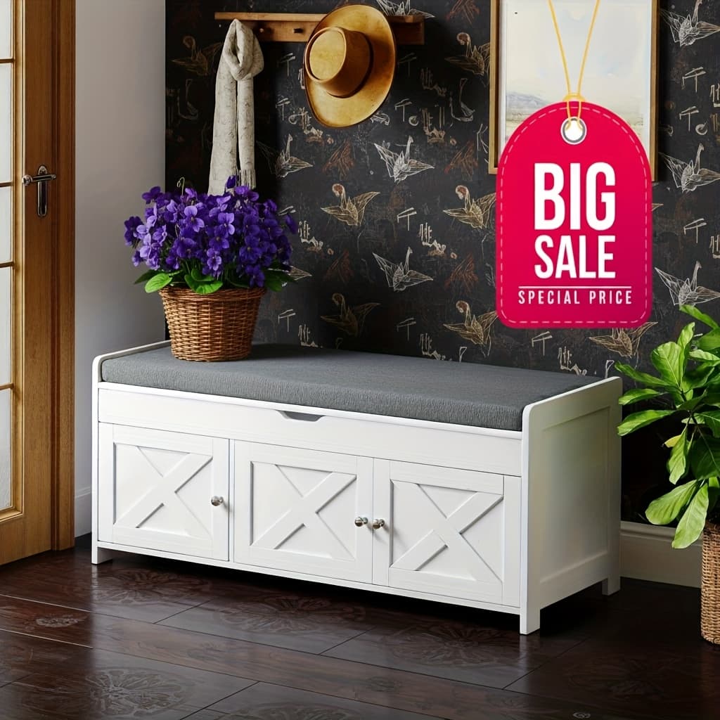 TEMU Big 2-tier Storage Ottoman Bench With Adjustable Shelves, 3 Barn Doors & Cushioned Seat - Heavy-duty 300lb Capacity Organizer For Entryway, Bedroom, Living Room (43 Inch)