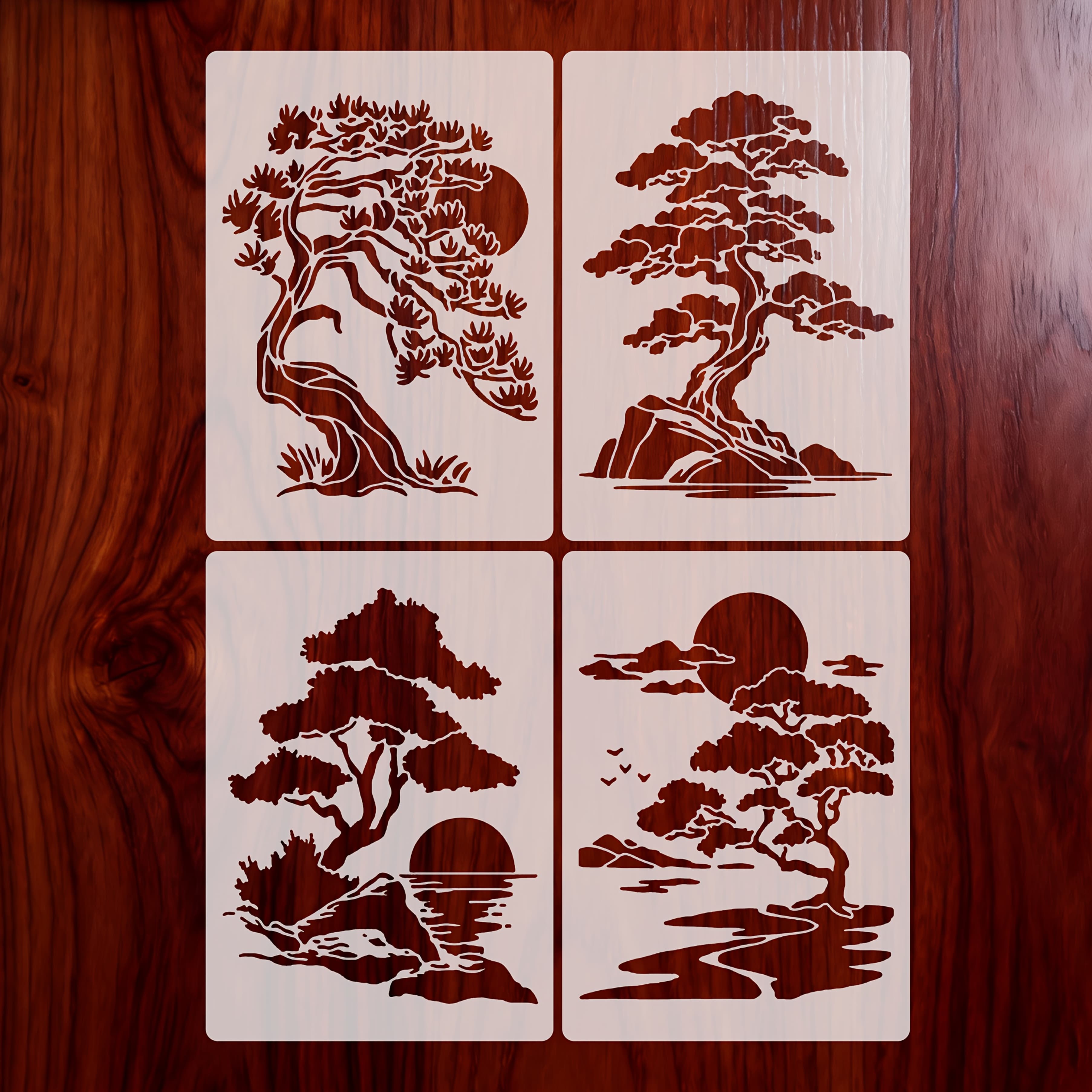 TEMU 4 Landscape And Pine Tree Painting Stencils, Reusable Pine Tree Stencil With Tree Pattern, Suitable For Diy, Wall Art, , Art Design, Wooden Furniture, Scrapbooking, And Crafts