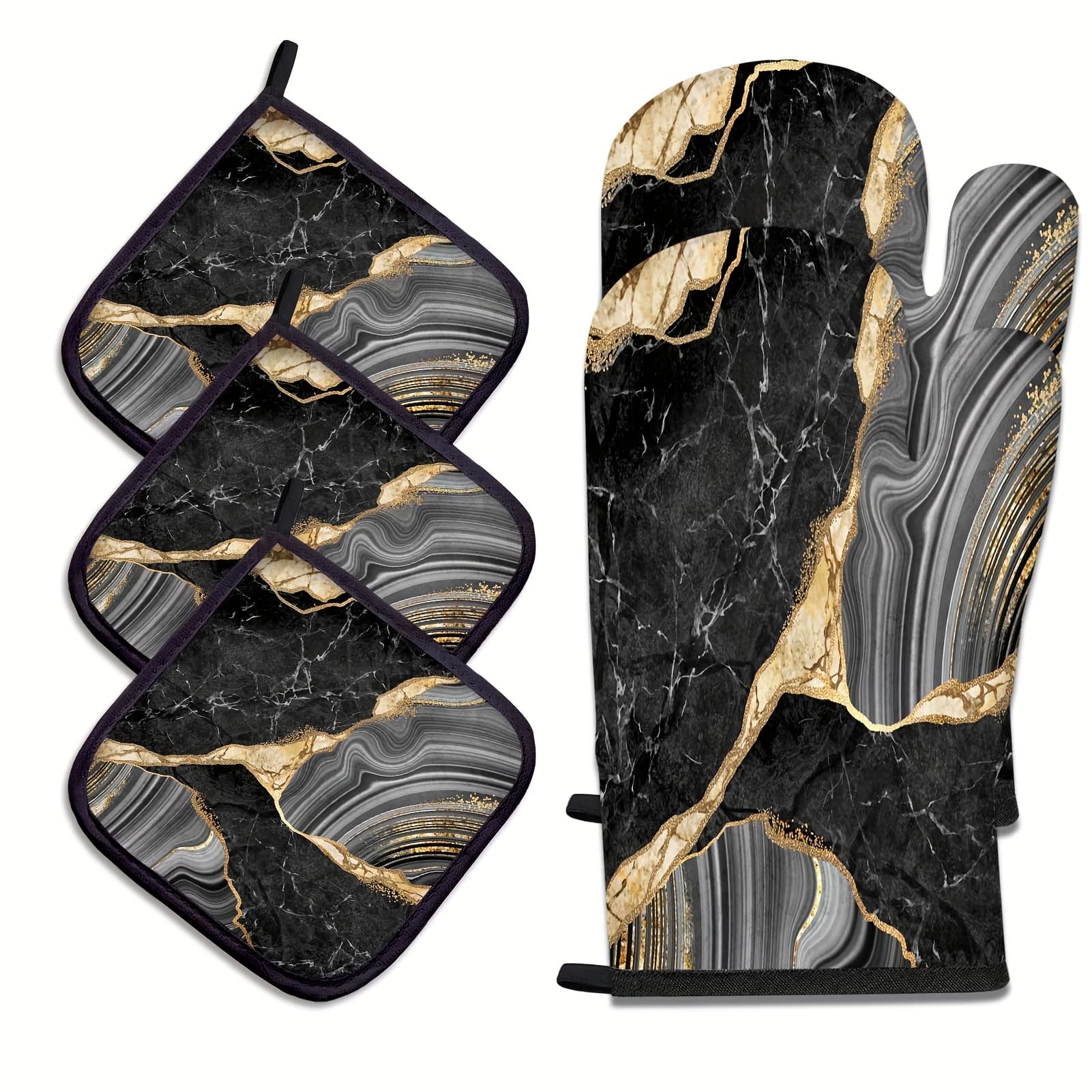 TEMU Black Oven Mitts And Pot Holders Set, Artistic Marble Heat Resistant Oven Gloves - Comfortable And Easy To Clean - Accessories For Durability And Style
