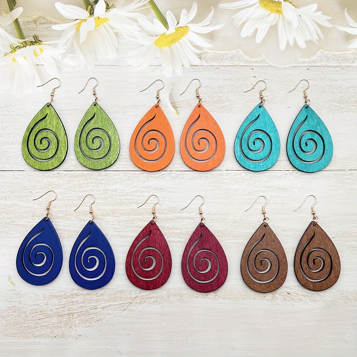 TEMU 6 Pairs/set Creative Drop Hollow Snail Wooden Earrings And Earrings, Bohemian Trendy Versatile Combination Wooden Earrings For Women