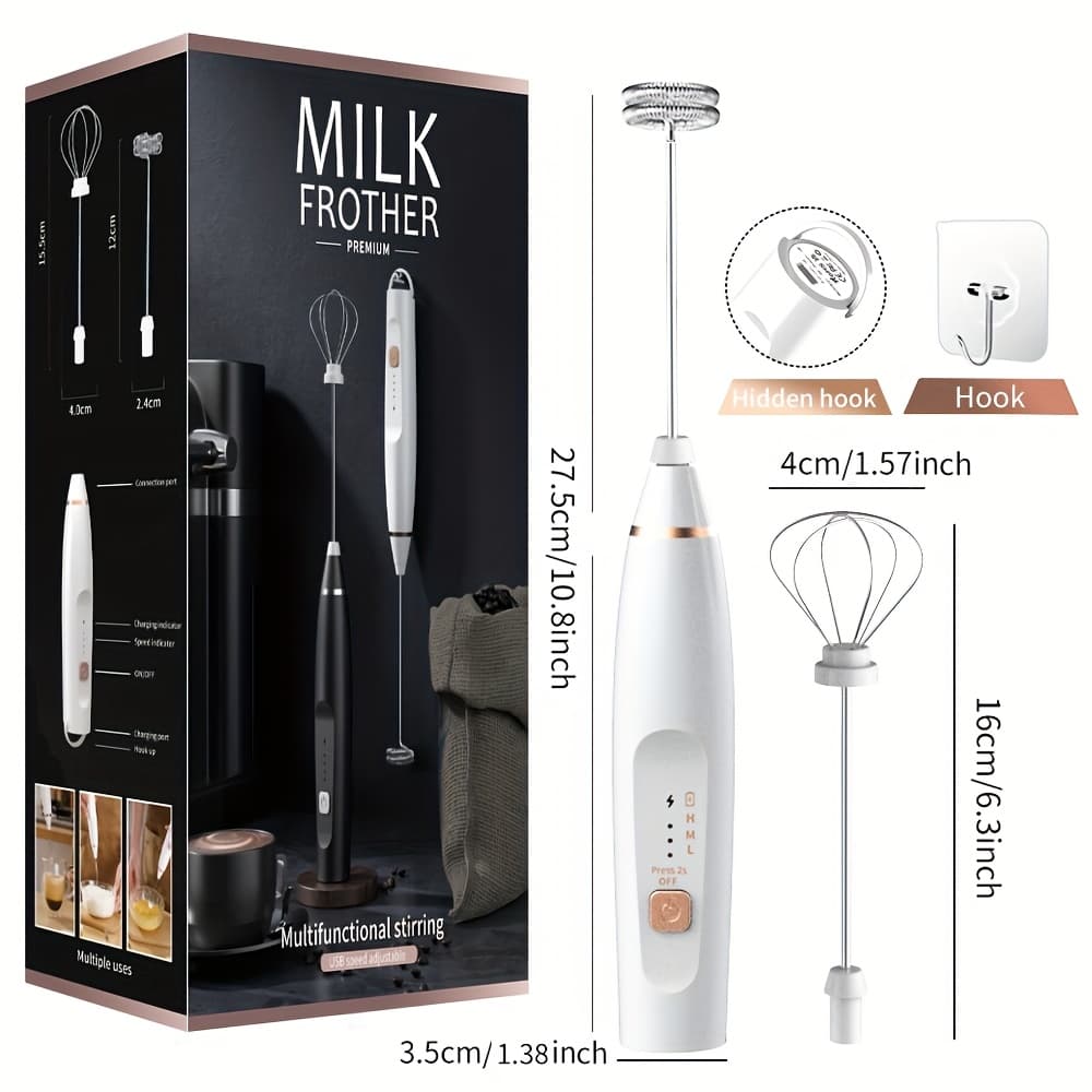 TEMU Rechargeable Milk Frother With Stand, Handheld Electric Foam Maker Detachable Stainless Steel Whisk Drink Mixer Foamer For Lattes, Cappuccino, Black, White