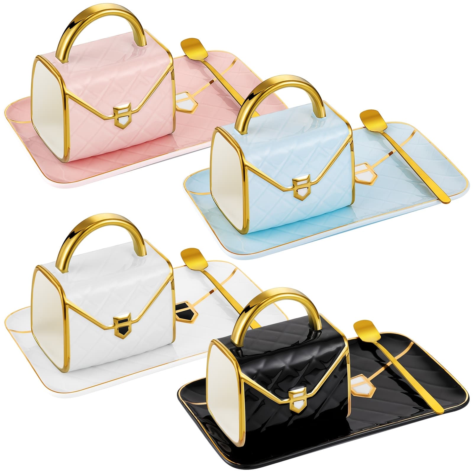 TEMU 4 Sets Coffee Mug Handbag Shaped Ceramic Tea Cup With Saucer Oz/ 310 Ml Purse Gift Mug For Office Home Coffee Tea Hot Chocolate Cappuccino (classic)
