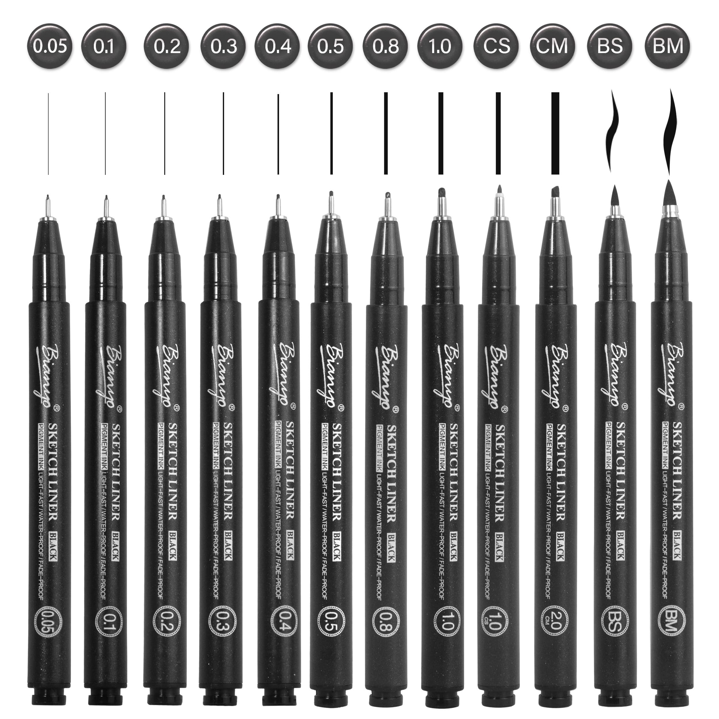 TEMU Bianyo Black Set - 12 Assorted Sizes Fine Line Drawing, Upgraded Pigment Ink, Bonus Pouch Bag, Water-resistant Pens For Artists, Crafters, And Journaling, Sketch Liner