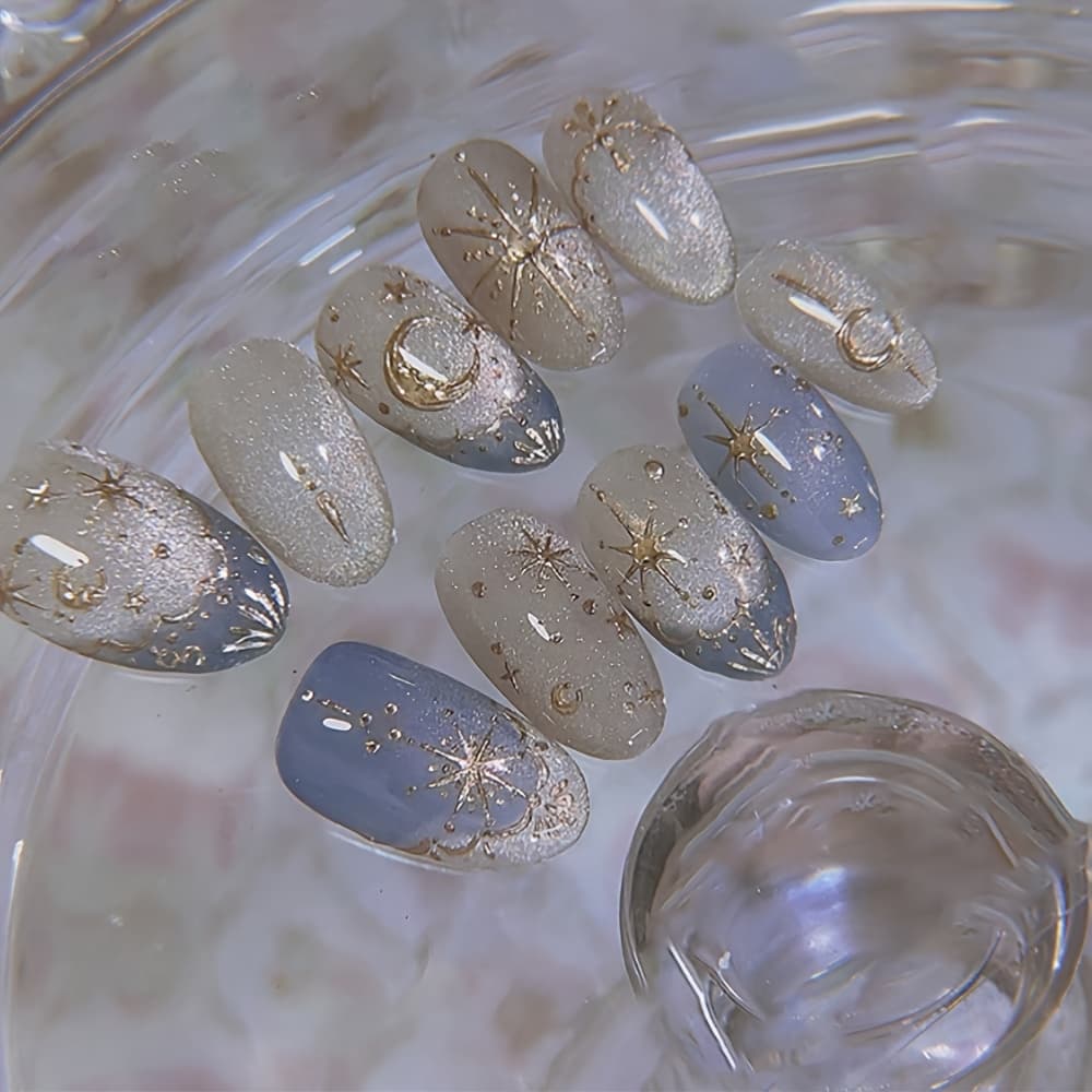 TEMU 24pcs Glossy Press-on Nails Blue Gradient & Stars Almond Short Reusable Artificial False Nails For Women - Elegant Glitter Wedding Bridal Manicure, Easy Application French Tip Cute Nails