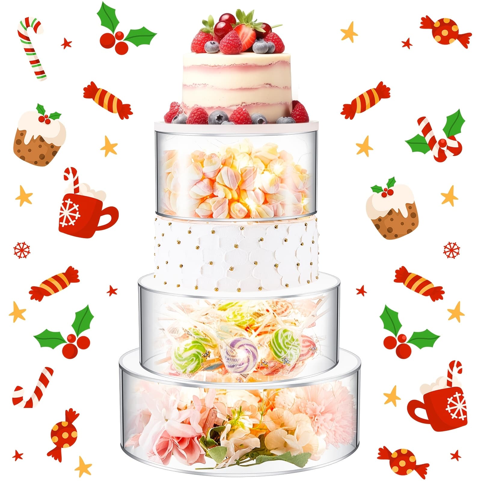 TEMU 3pcs Acrylic Cake Stand With Led Lights 6 Inch 8 Inch 10 Inch Clear Fillable Cake Riser Tier Case Cylinder Box For Christmas Wedding Birthday Xmas Holiday Party Display 3 Sizes