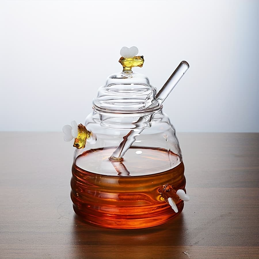 TEMU 1set Glass Honeycomb Tank Honey Storage Container With And Lid Honey Bottle For Home Wedding Party Kitchen Tools