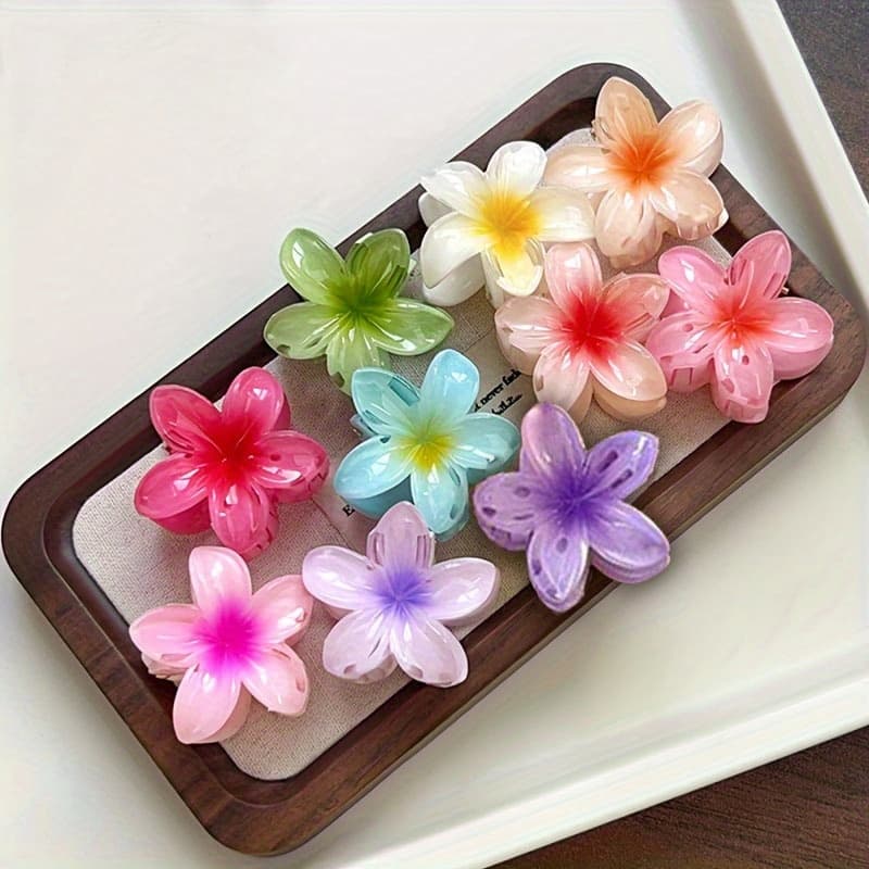 TEMU 8pcs Random Colors Women's Plumeria Claw Clips, Small Back-comb Hair Clips, Beach Vacation Hair Ties, Half-up Shark Clip Hair Accessories