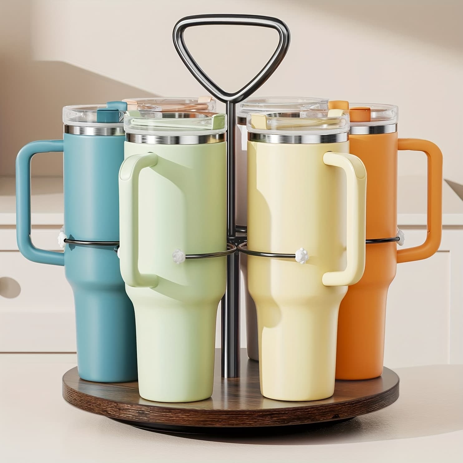 TEMU Water Bottle Organizer For 40oz, Rotating Cup Organizer Holder With Wooden Turntable Base, Tumbler Organizer Holder, Cup Accessories, , Detachable Handle For Easy Carry