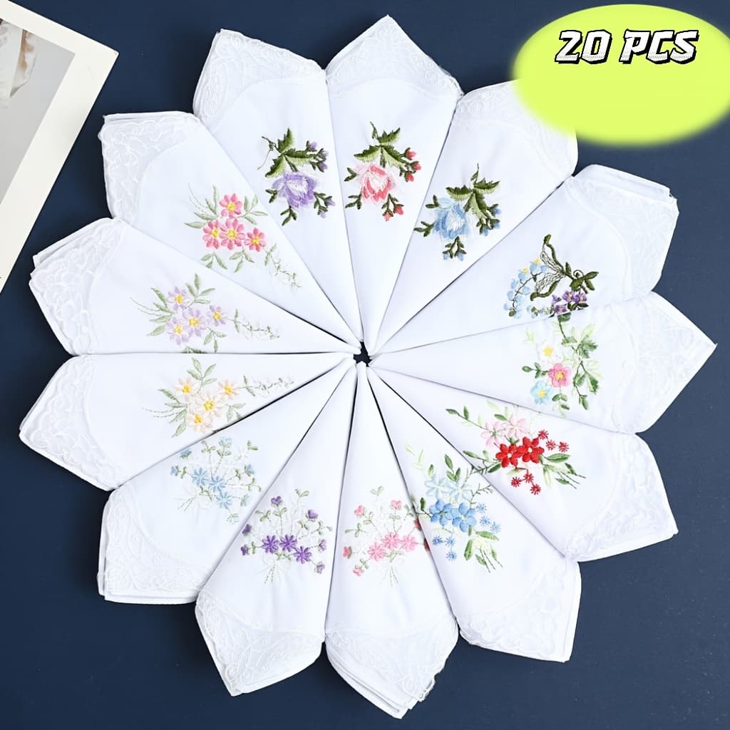 TEMU 20-pack Women's Handkerchiefs, Embroidered Vintage Floral Lace Handkerchiefs For Wedding And Party