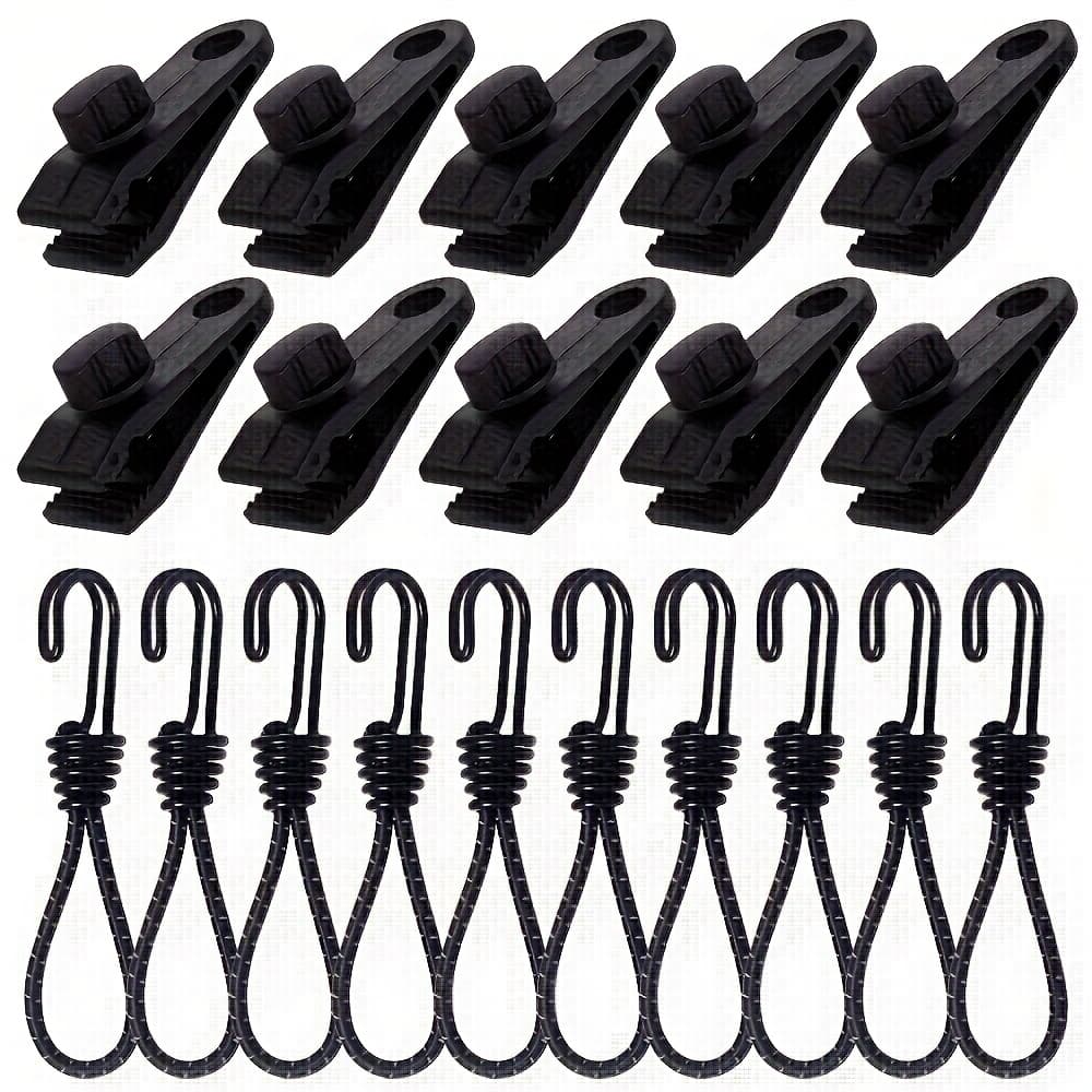 TEMU 20pcs Outdoor Tent Clips And Rope Hooks Set, 10 Clips + 10 Elastic Ropes, Multi-functional Outdoor Camping Awning Windproof Fastening Accessories