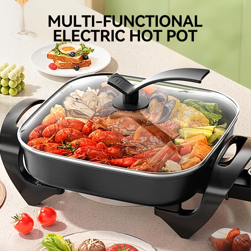 TEMU 1pc Ceramic Electric Pot - With Glass Lid, Aluminum Body & Adjustable Temperature Controller, Suitable For Frying, Baking, Steaming Or Boiling, Easy To Clean, Us Plug, Perfect For Home Use