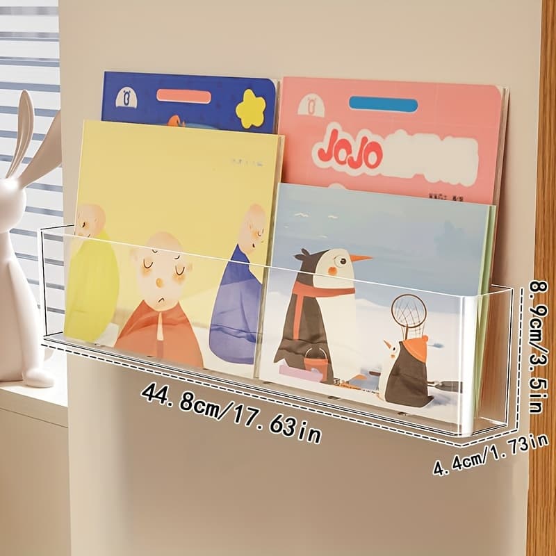 TEMU 1pc Wall-mounted Book Storage Rack, Book Display Rack, Storage Rack, Transparent, With Adhesive Backing, Classroom Storage, Office Storage, Bedroom Storage, Book Display And Storage