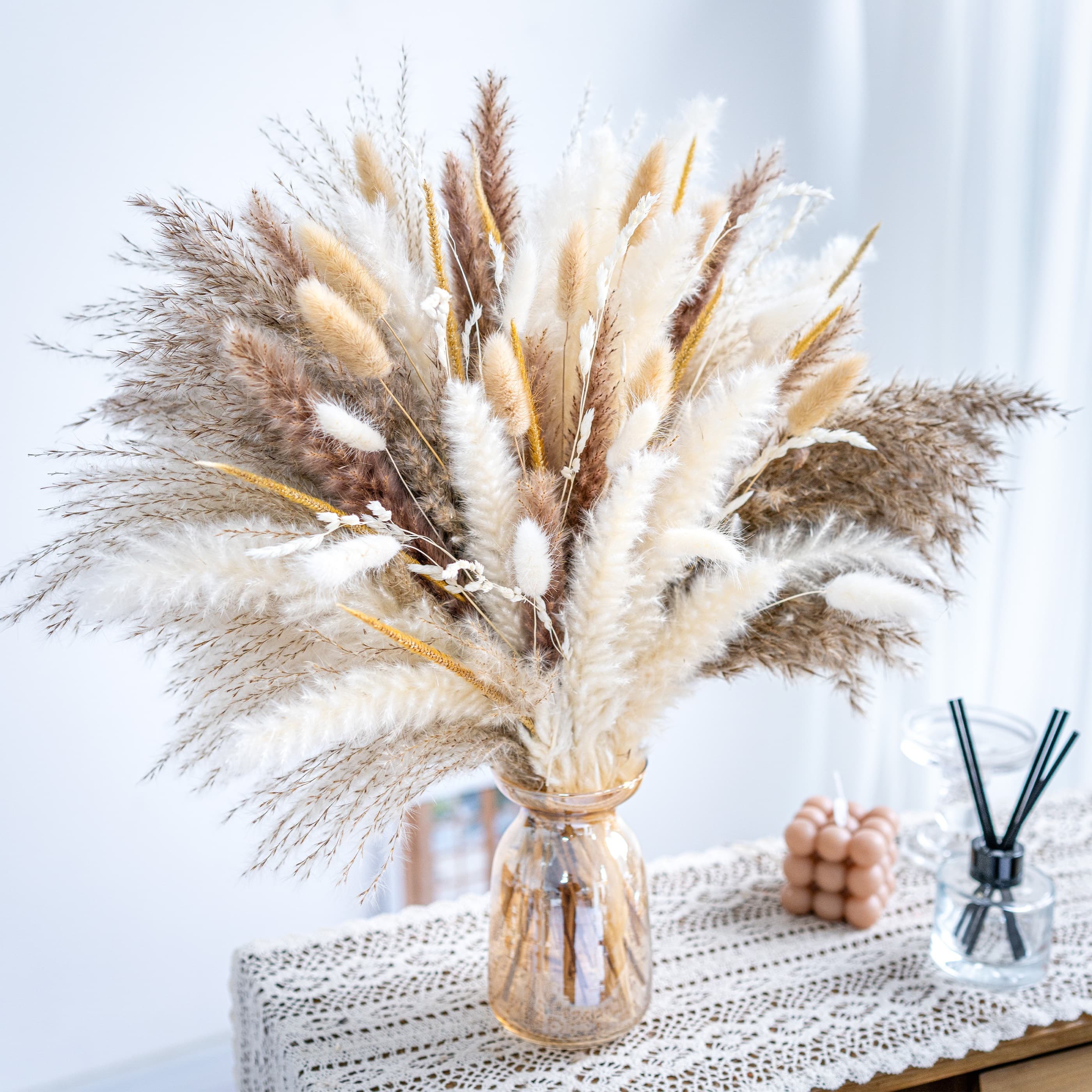 TEMU 105pcs 120pcs Natural Pampas Grass Decor Bouquet | Boho Dried Floral Arrangement Centerpiece Table Decor Wedding Decor Rustic Decor