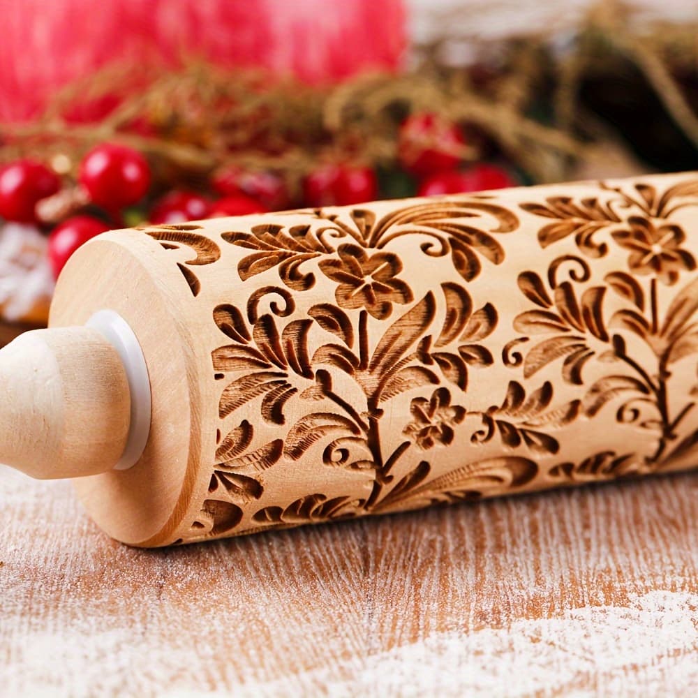 TEMU 1pc -inch Wooden Rolling Pin Branch Flower Pattern, Suitable For Embossing Flower Pattern, Pastries, Christmas Party Gifts, And Pottery Making