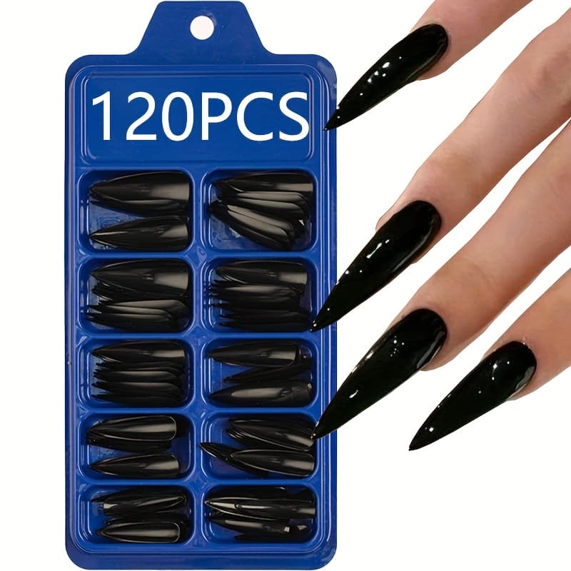 TEMU 120pcs Black Press-on Long Pointed Fake Nails, Full Coverage False For Wear